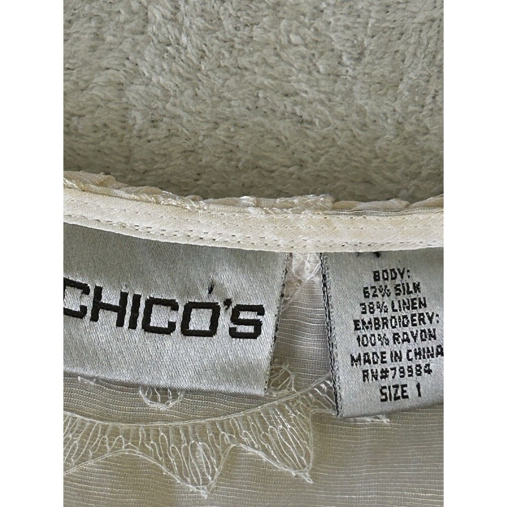 CHICOS Ivory Silk Linen Blend Open Front Jacket Embroidered Braided Lapel - Picture 11 of 13
